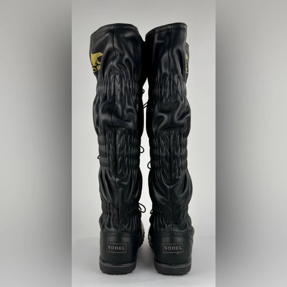 SOREL Firenzy Knee High Black Leather Boots 8 Plaid Wool Lined Slouchy Winter
